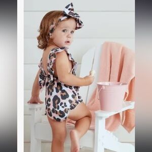 Mudpie pink leopard print ruffle bathing suit 2t 24mo